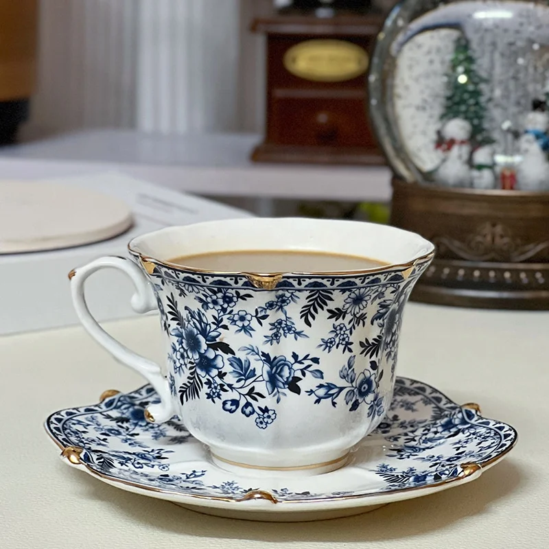 Bone China Blue White Floral Coffee Cups Saucers Set Oem - Main Image