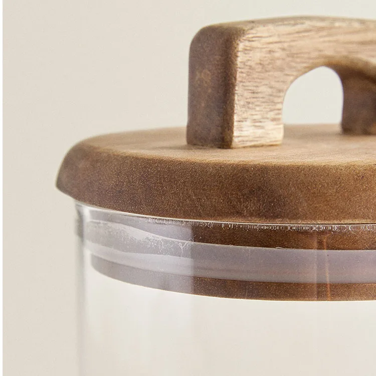 Creative New Design Transparent Round 2 Tier Stackable Glass Container Canister Food Storage Cookie Jar With Wooden Lids