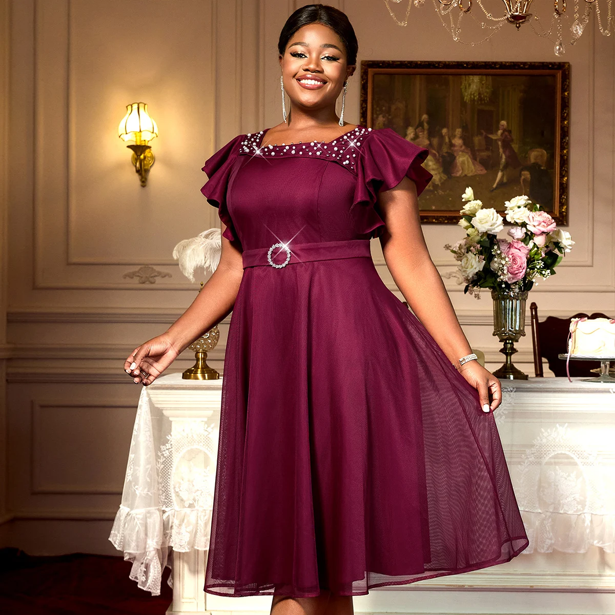 AM050329 Vintage Tulle Square Collar Puff Sleeves Ruched a Line Crystal Women Evening Dress with Belt Plus Size AM050329 Vintage Tulle Square Collar Puff Sleeves Ruched a Line Crystal Women Evening Dress with Belt Plus Size
