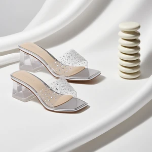 New Transparent Women's High Heel slippers Shiny Water Drill Luxury Wedding square Toe Chunky Heels for Women Shoes