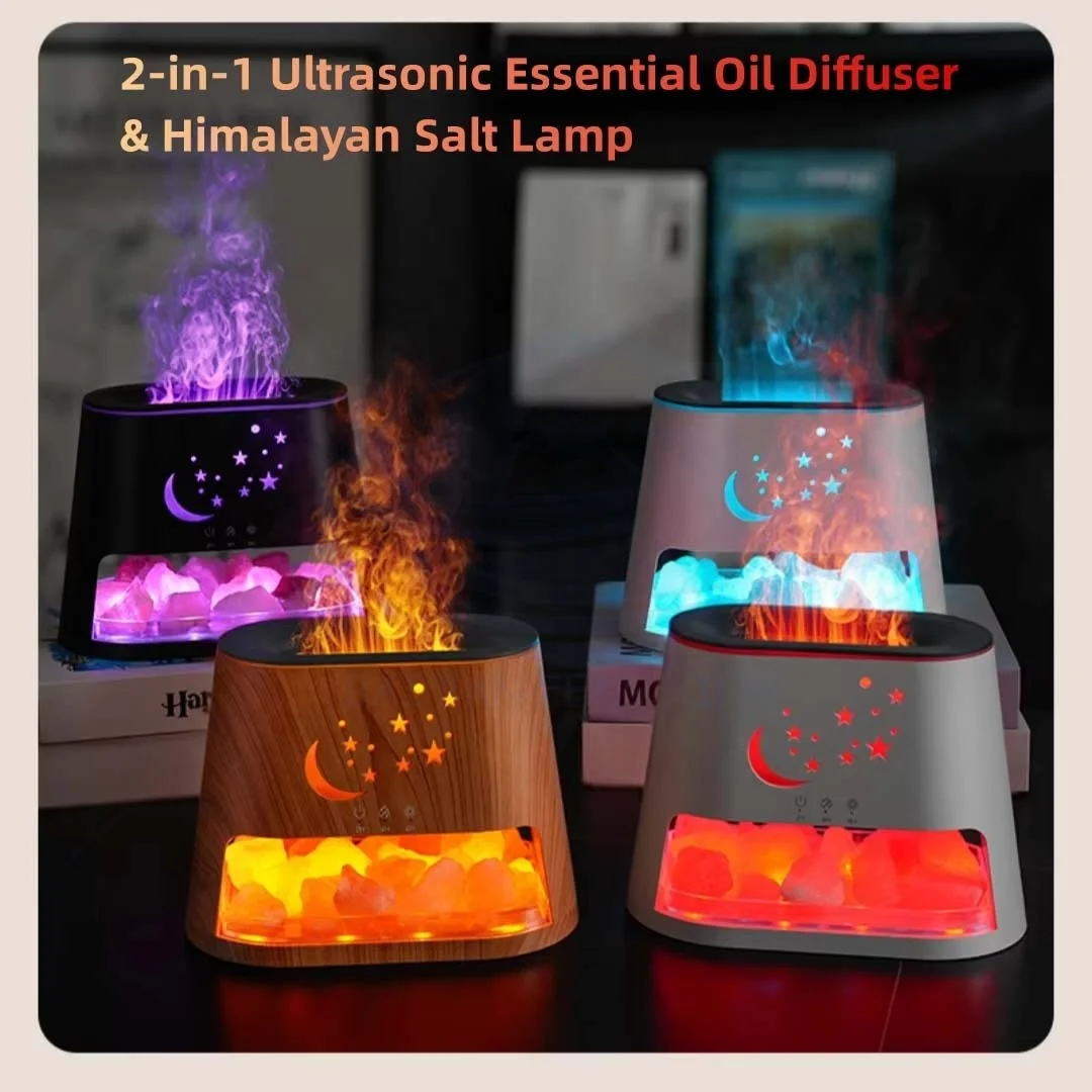 Natural Crystal Rock Salt Stone Ambient Lamp Bedroom Humidifier Colourful Flame Essential Oil Diffuser 7