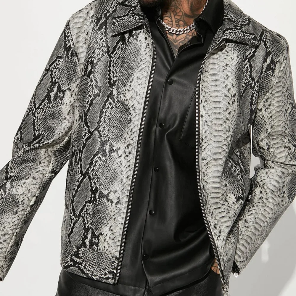 Men's Winter Snake-Embroidered Tracksuit with Genuine Cowhide