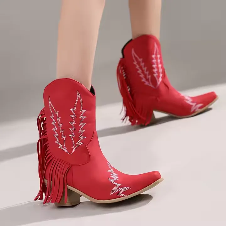 Big Size Western Ankle Boots Square Toe Pu Leather 6cm Heel Women Cowboy Boots With Fringe - Image 3