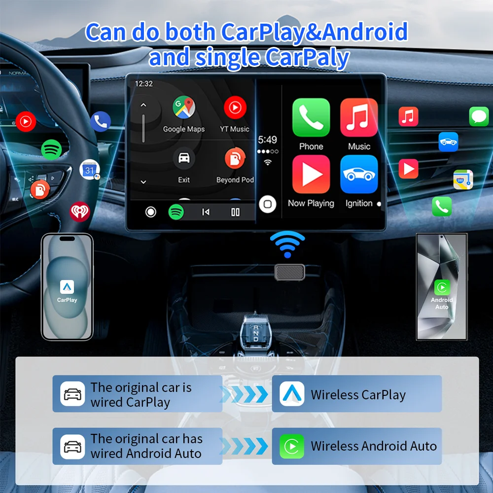 Wireless Carplay Adapter Android Auto 2in 1 Smart Dongle 5G WIFI USB SticK for iphone Android Phone Volvo Benz Mg Kia Chery VW