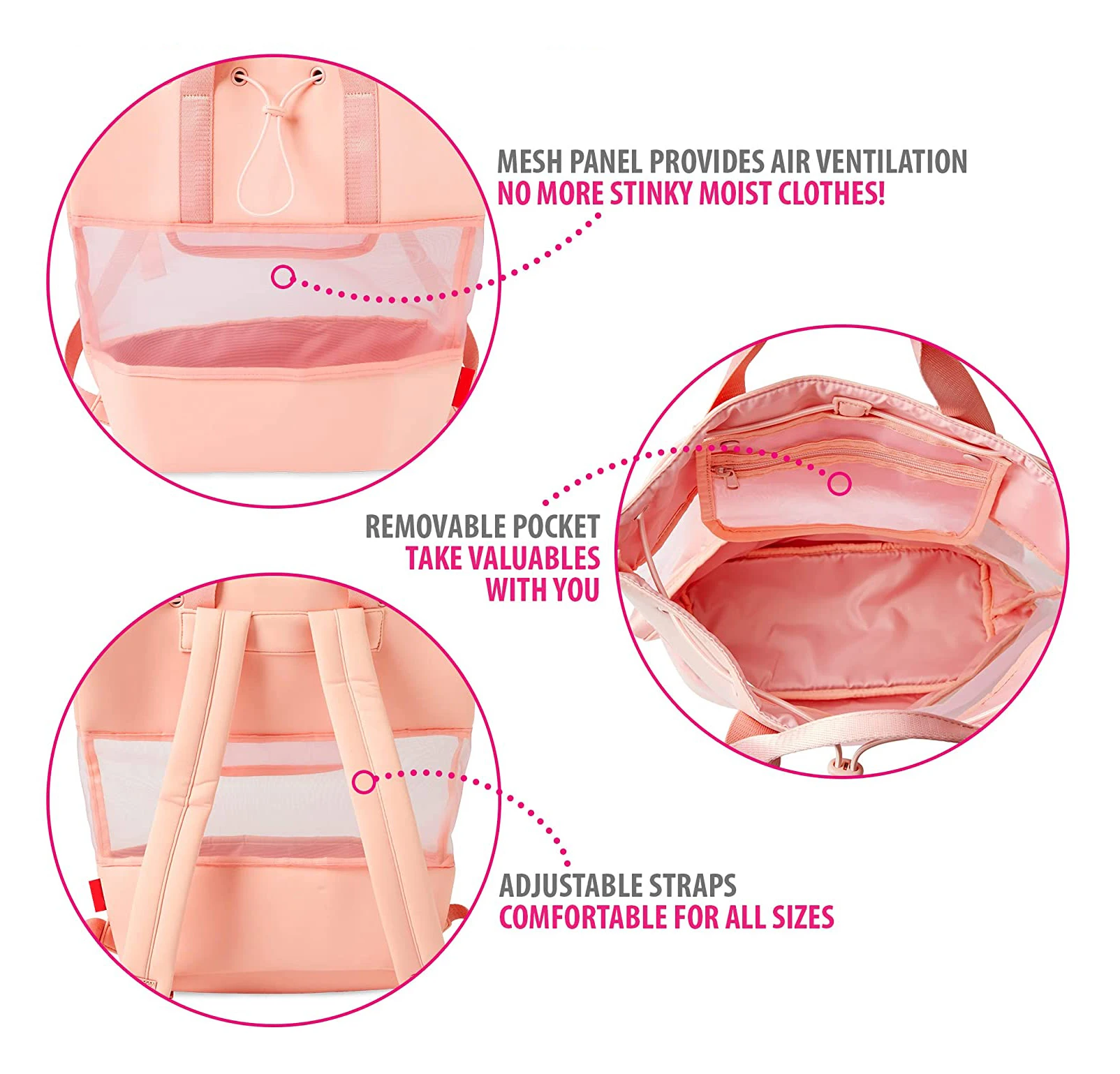 Women Pink Waterproof Neoprene Drawstring Lightweight Beach Backpack‎ Odyseaco Beach Backpack Lightweight Pink Beach Bags For  main image 2