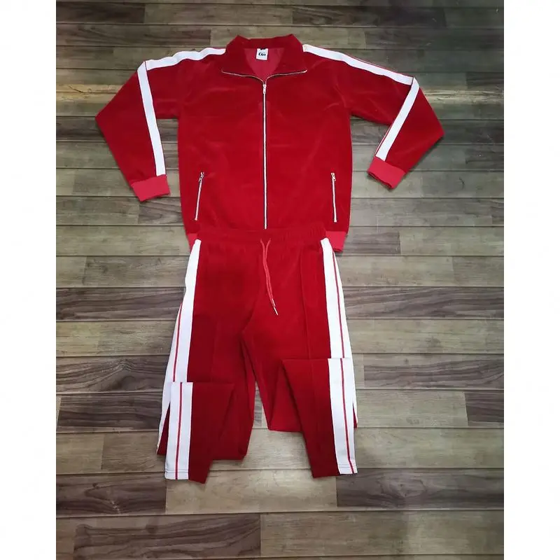 Private Label Sportswear Jogging Suit Side Stripe Plain Zipper Slim Fit Velvet Velour Tracksuit Men gallery 6