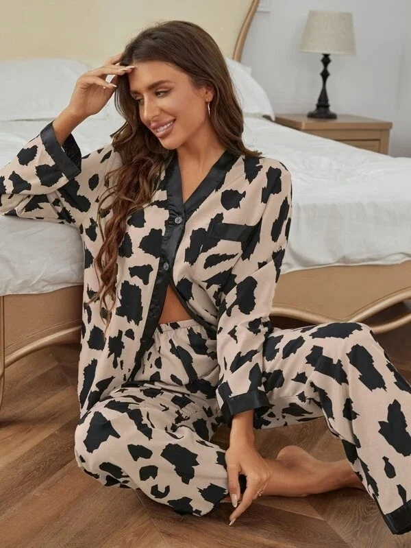 Lange Pj Sets fr Frauen Pyjama Femme Set mit Leoparden muster Kontrast  besatz Plus Size Damen Nachtwsche Bambus Viskose Pyjama Damen