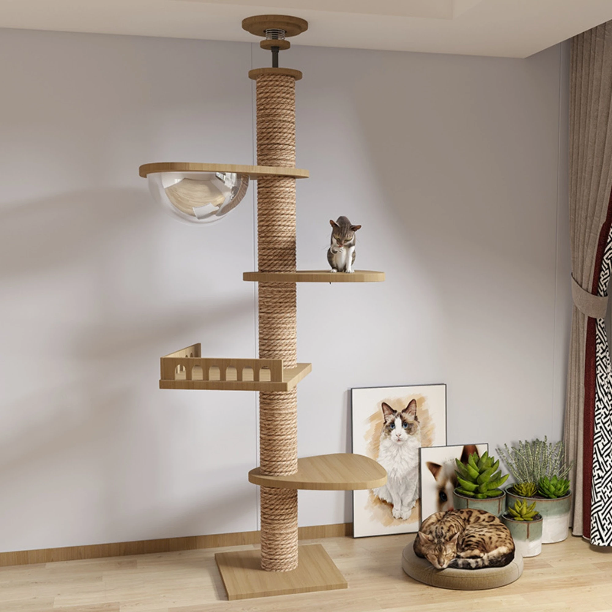 Cat Tree Floor To Ceiling 5tier Tower Cat Climbing Wooden Frame Tree