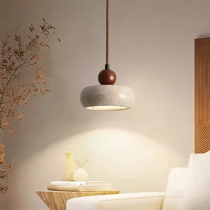 Retro Wabi-Sabi Style Natural Yellow Travertine Small Chandelier Solid Wood Ball Lamp Stone for B&B Bedroom Bedside Restaurant