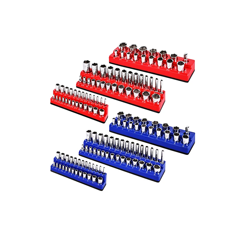 Reniteco Magnetic Socket Holder Set – 3-Piece Rail Organizer For 1/4", 3/8" & 1/2" Drives, Holds 76 Shallow & Deep Sockets, Red