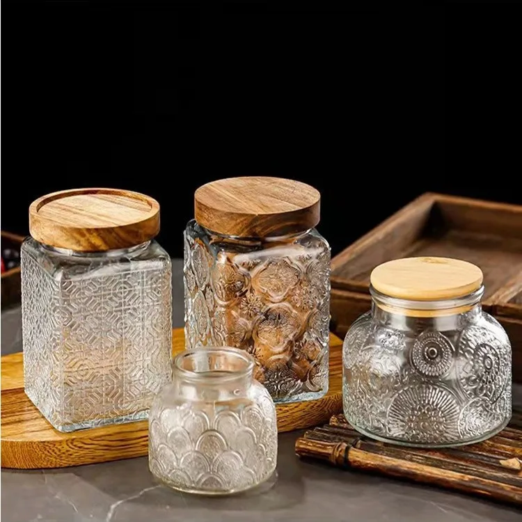 Embossed Glass Storage Jar with Wooden Lid for Coffee Bean Storage and Kitchen Food Sealed Storage Bottle