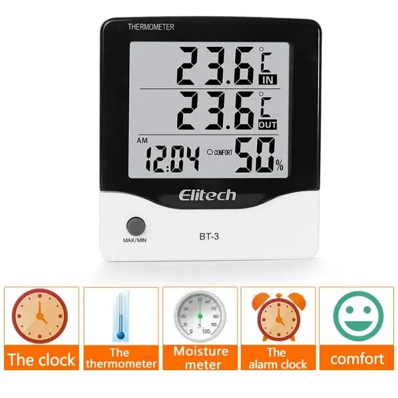 Elitech BT-3 Digital Hygrometer Thermometer Large LCD Display Min/Max Value Clock Indoor/Outdoor Plastic OEM Customizable