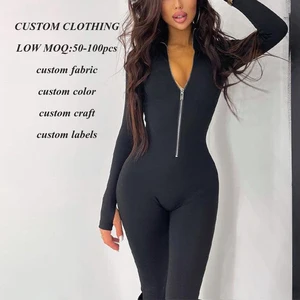 Clothing Factory Custom logo Long Sleeve One Piece Jumpsuit Outfits Women Solid Color Gym Sports Wear Sexy Activewear
