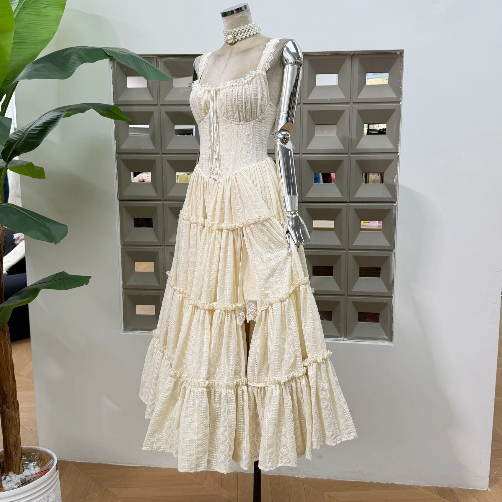 Light Luxury Boutique Women's Summer New Embroidered Camisole Dress Long Lace up Dress