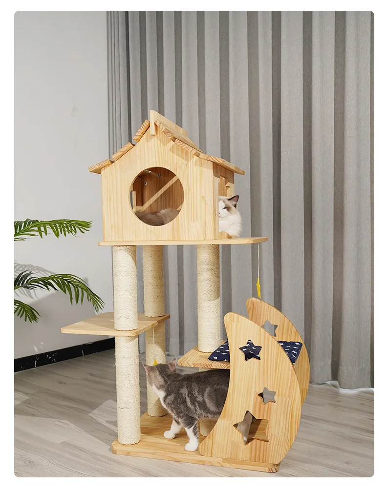 Wooden Cat Tree House Cat Climbing Frame With Cat Bed And Sisal