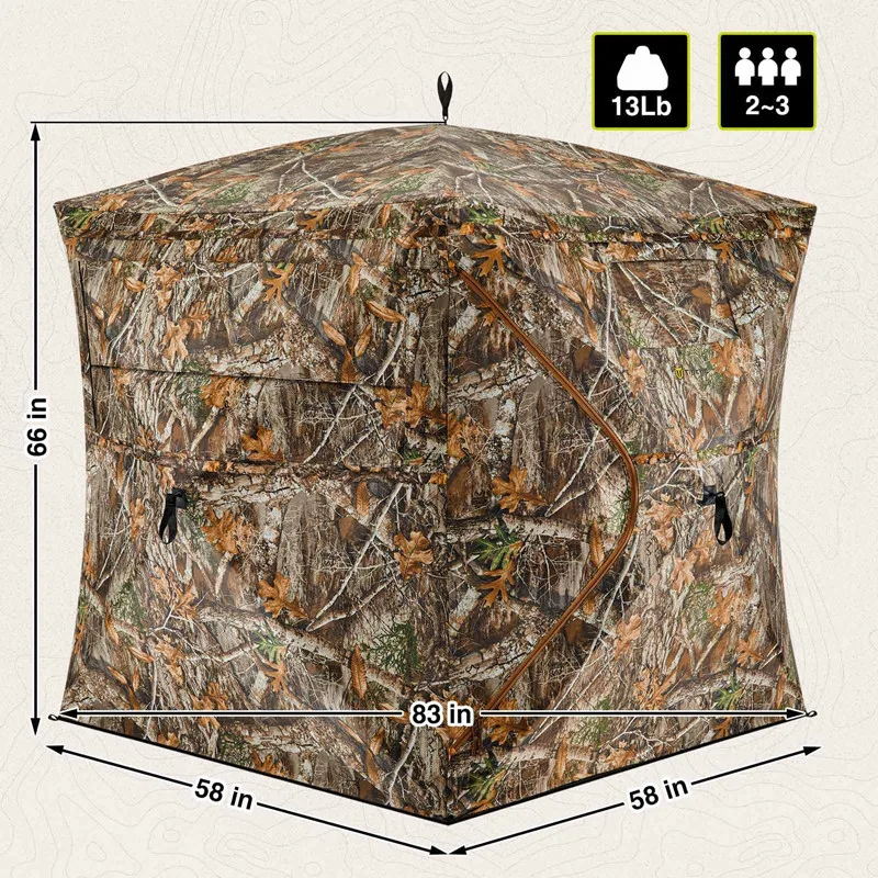 Portable Hunting Blind 270/360 Degree See Through Ground Blind for Deer Hunting, 2-3 Person Pop-up Hunting Deer Blind
