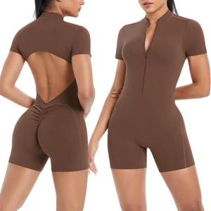 High Quality Hollowed Back Short Sleeve Zipper Jumpsuit Women's Fitness Yoga Exercise Jumpsuit