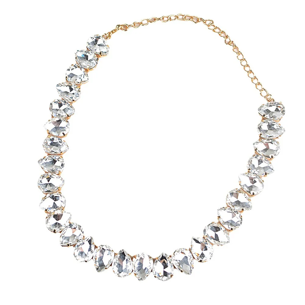 Exaggerate Chunky Colorful Crystal Geometric Necklace Sparkling Rhinestone Crystal Water Drop Necklace for Lady