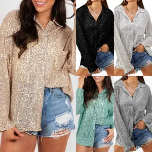 Women Autumn Fashion Sequins Shirt Casual Lapel Long Sleeve Oversized Glitter Ladies Stylish Shine S