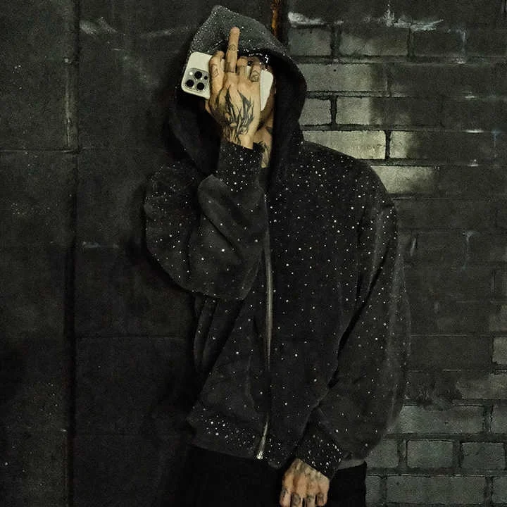 Salati Sweatshirt Men Manufacturer Custom 500GSM Bling Glitter Diamond Rhinestone Print Zip up Sun Faded Acid Wash Hoodie Unisex gallery 4