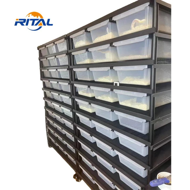 Flat Packed Reptile Snake Rack Plastic Reptile Tubs Metal Snake Breeding  Rack System with Tubs