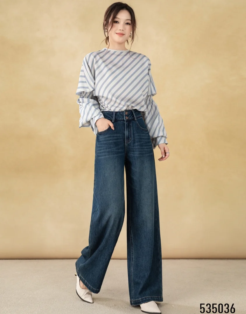 Women's High Waist Wide Leg Flare Pants with Long Sleeves Zipper Fly Closure Autumn Street Style Anti-Wrinkle Jeans