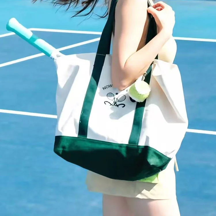 Custom logo Embroidery Canvas Shoulder Tote Shopping Bag Letter Strap Handles for Gym Sports