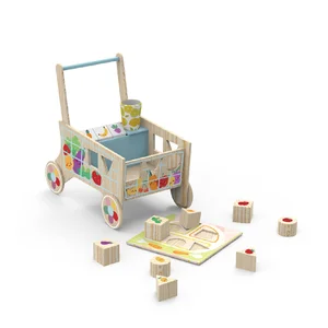 EDULAND Wooden Shape Sorting Grocery Cart Push Toy Puzzles-Pretend Play Grocery Toys Sorting Stacking Toys