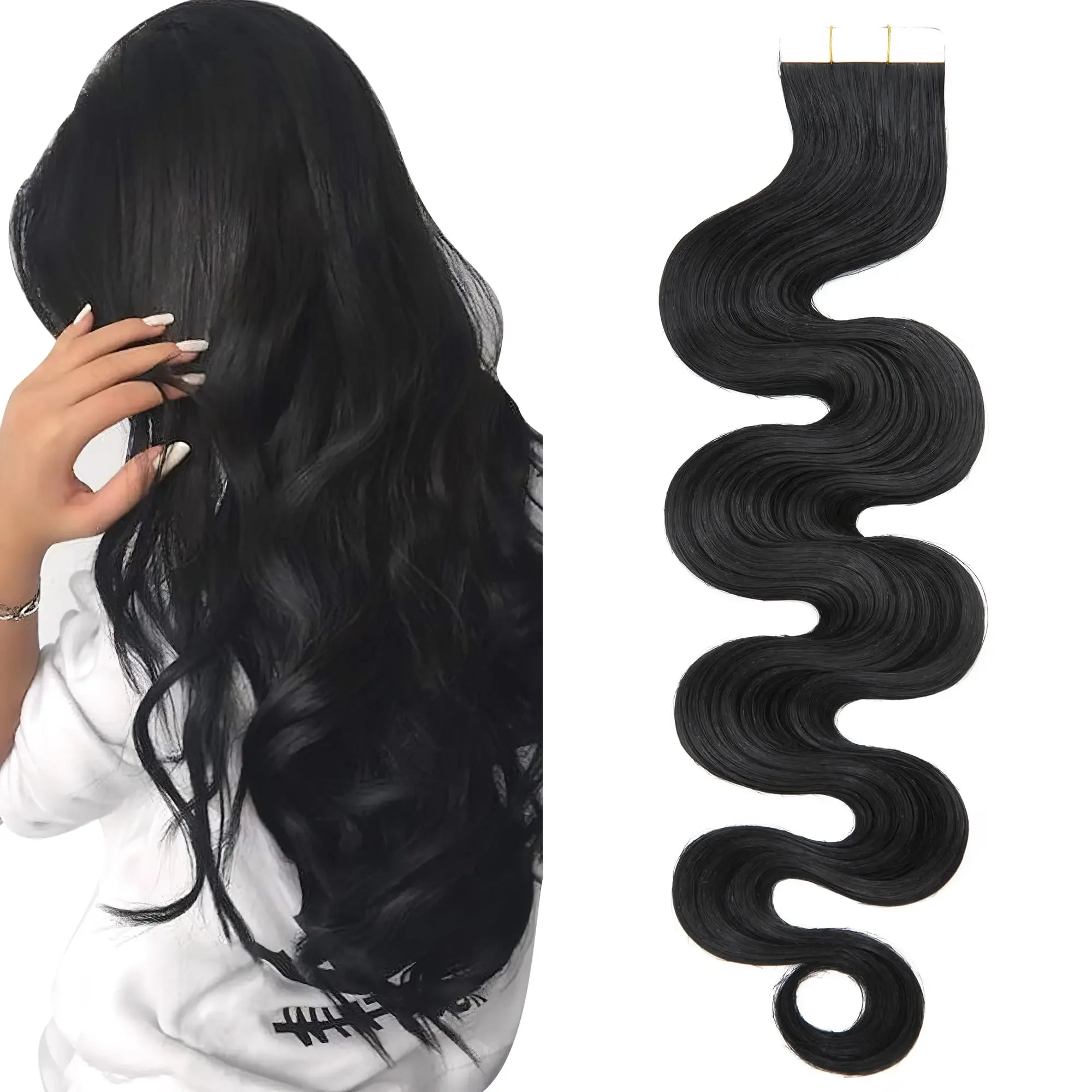 Fita em extensões de cabelo humano onda do corpo brasileiro natural preto #1B cabelo remy pele sem costura trama_voghion.com