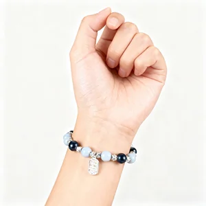 Fashion Beaded Bracelet Women Black Light Blue Beads Silver Plated Charms Zircon Details Unique Geometric Pendant Trendy Jewelry