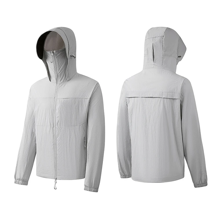 UPF50+ UV-protective nylon breathable sun-protective jacket with laser ventilation holes, quick-drying adjustable cuffs and hem, hooded jacket with face mask.