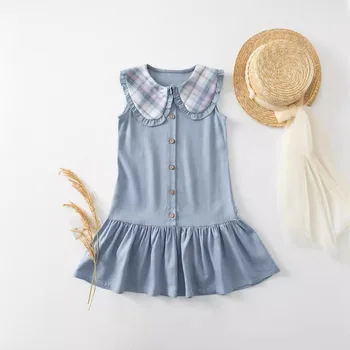 2024 baby girls dresses children clothing summer girls cotton and linen sleeveless baby princess dress plaid contrast color