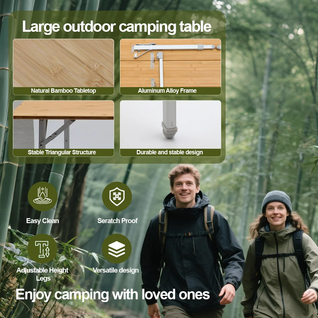 Bamboo Folding Camping Table, Portable Adjustable Height Picnic Table with 4-Fold Design for Outdoor, Beach, Garden, Travel