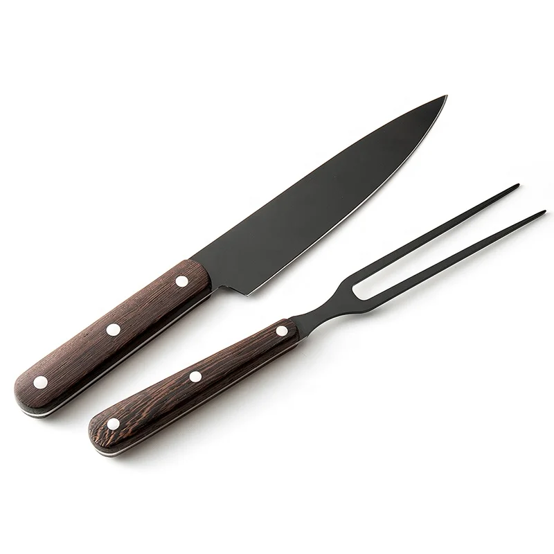 高品质的厨房木质手柄黑色氧化物肉叉切片刀集