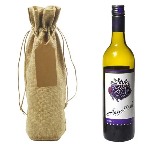 10pcs Rustic Wine Bag Pouch Wine Bottle Cover Drawstring Jute Burlap Gift Bags 
