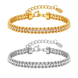 Fashionable Jewelry White Zircon Stainless Steel 18k Gold Multilayer Beaded Chain Bracelet for Women's Jewelry