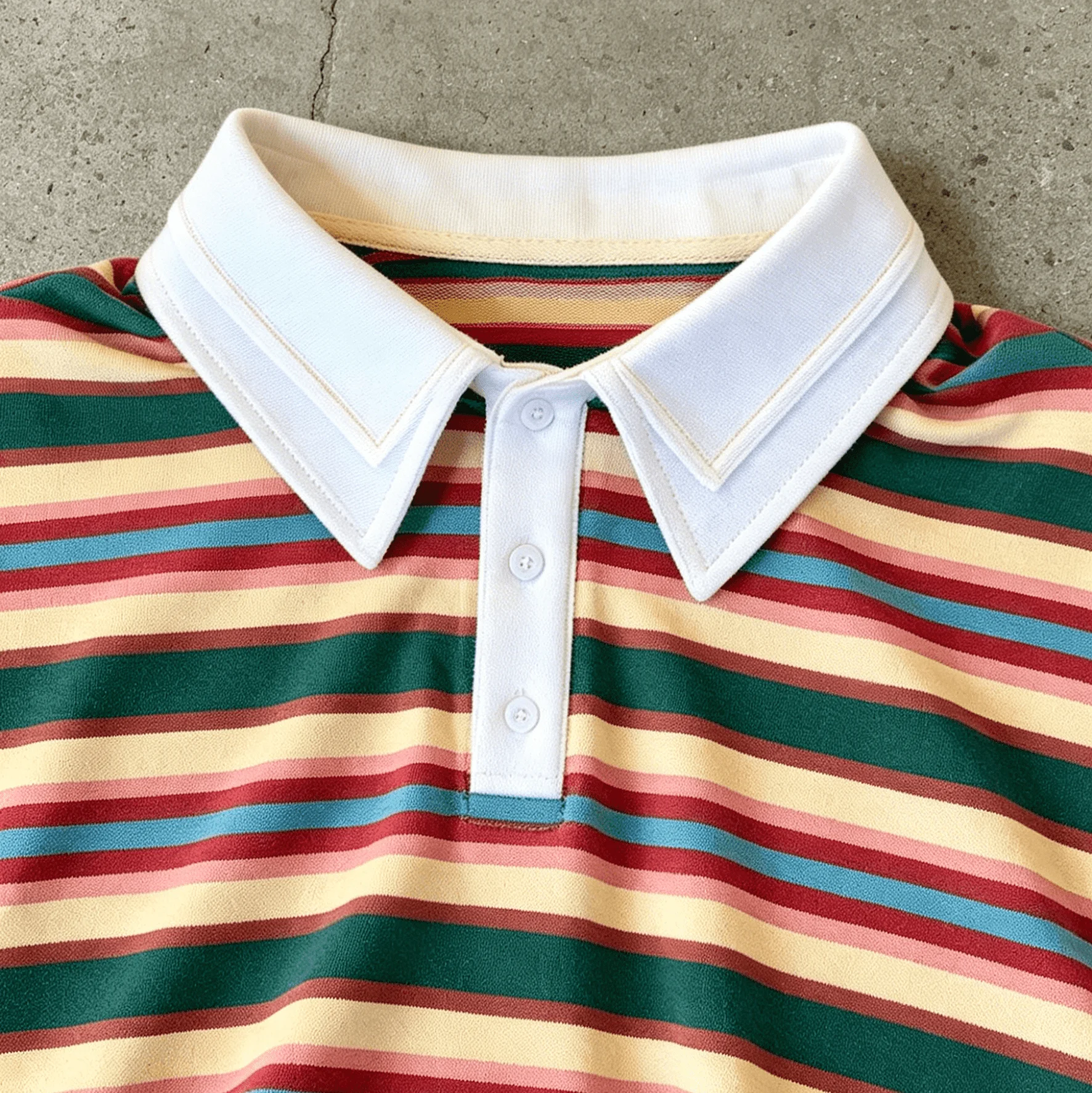 Wholesale Y2K Retro Men Multicolor Horizontal Stripe Double Layer White Collar Cropped Knit Short Sleeve Street Polo T Shirt gallery 4