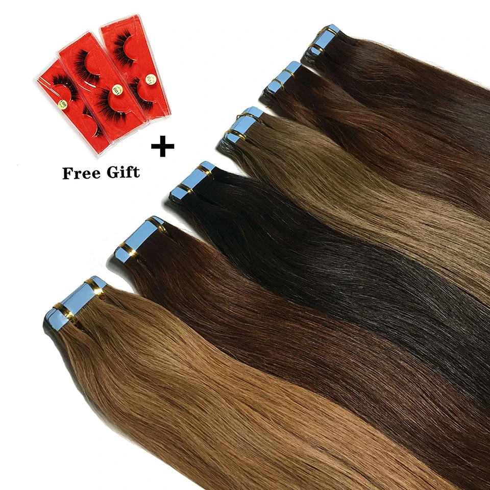 Tape In Human Hair Extensions 100% Remy Natural Human Hair 16-26 inch Straight Seamless Skin Weft Adhesive for Women_voghion.com