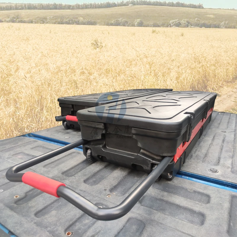 Rotomolded PlaStorage Toolbox with Customized Removable Trays and Wheels and Retractable Handles for Universal Pickup Truck