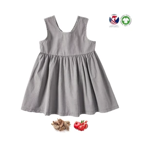 Wholesale Sleeveless Grey Baby Girl Dress Cute Natural Dye Plant Cartoon Pattern with Ruffle Decoration Baby Clothes