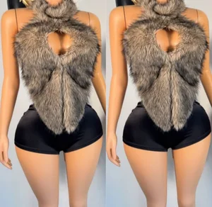 Viviblook D25TP269 New Arrival Vintage Women's Sexy Fur Collar Halter Tie Rope Backless Sleeveless Slit Vest Crop Top