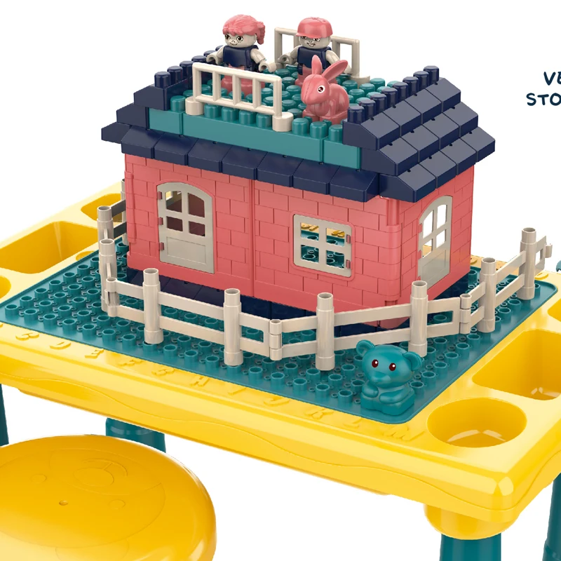 76pcs Plastic Large Particle Building Block Table Toys Set DIY Assembly Kindergarten Play Game Desk with Chair and Case