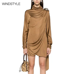 Women's Half High Neck Short Dress with Mosaic Ribbon Design Breathable Elegent Casual Style Woven Midi Length for Summer