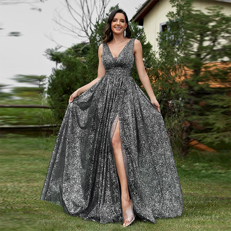 IMPEREAL Luxury V-neck Sparkle Black Formal Night Dresses Elegant Slit Long Party Evening Dress Cocktail Prom for Women IMPEREAL Luxury V-neck Sparkle Black Formal Night Dresses Elegant Slit Long Party Evening Dress Cocktail Prom for Women