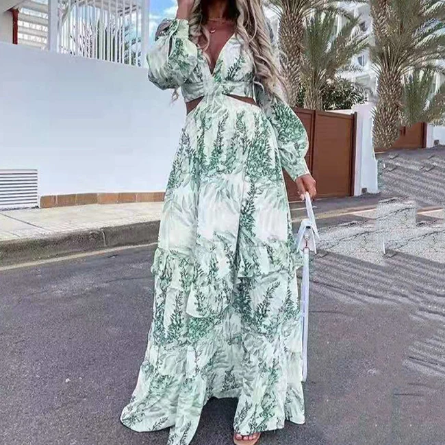 Custom Summer Casual Long Sleeve Vestido Normal Ladies Frock Women Deep V-neck Cut Out Floral Print Maxi Dress