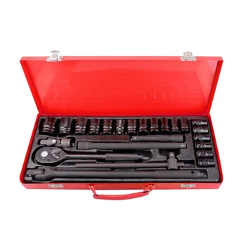 Chromium vanadium 24 piece red and black iron box shake F rod sleeve auto socket wrench set car repair tool kit