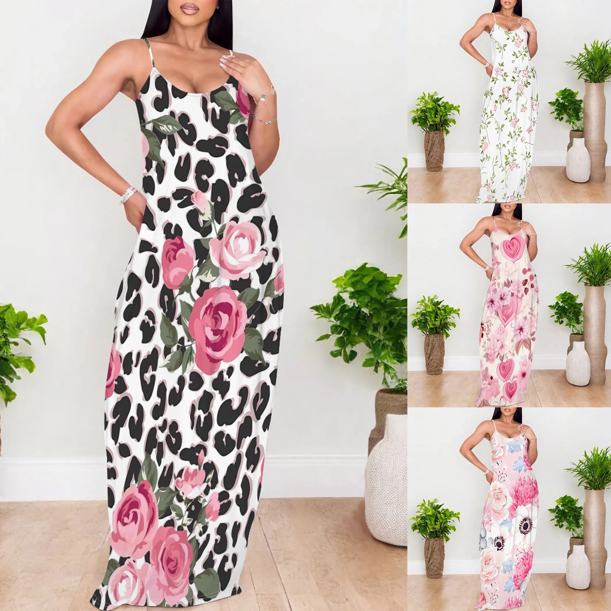 Customizable Women's Maxi Dress with Leopard Pattern Natural Waistline Woven Weaving Method for Small Orders