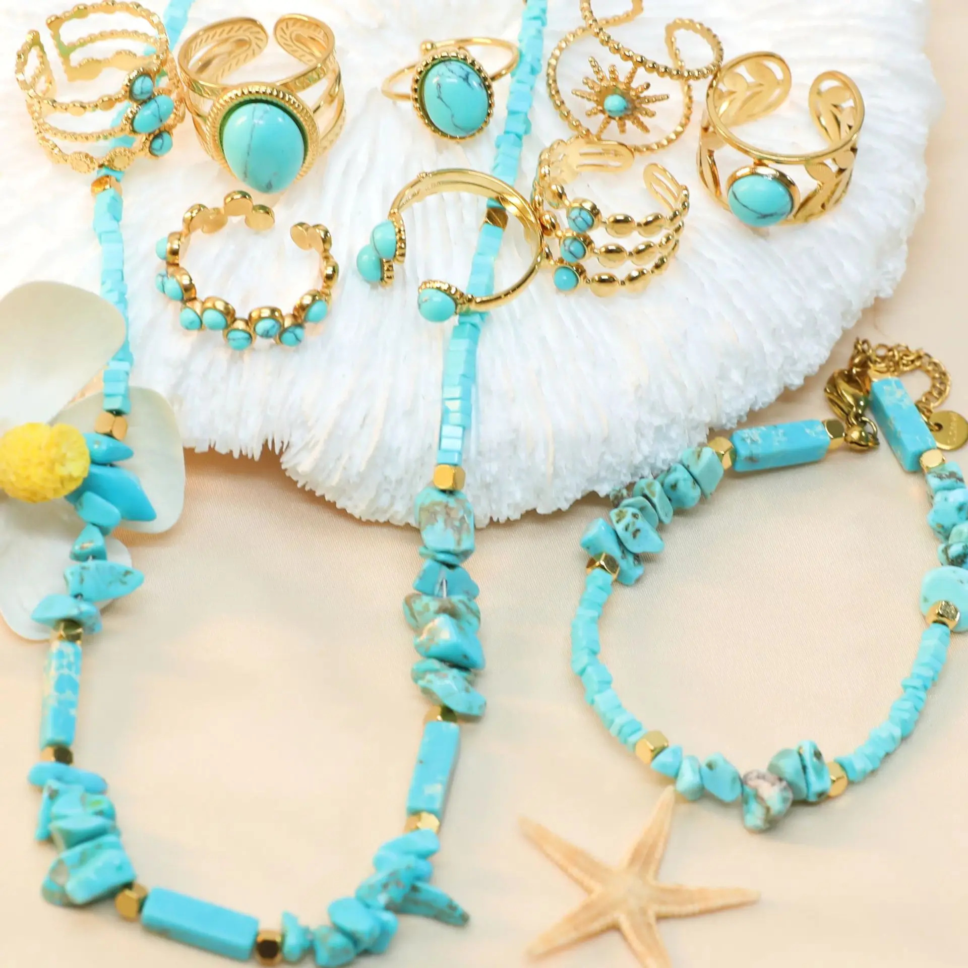 Collier Enfant Fille Fleur Et Perles - Crème & Turquoise - Pour Cérémonie Ou Mariage