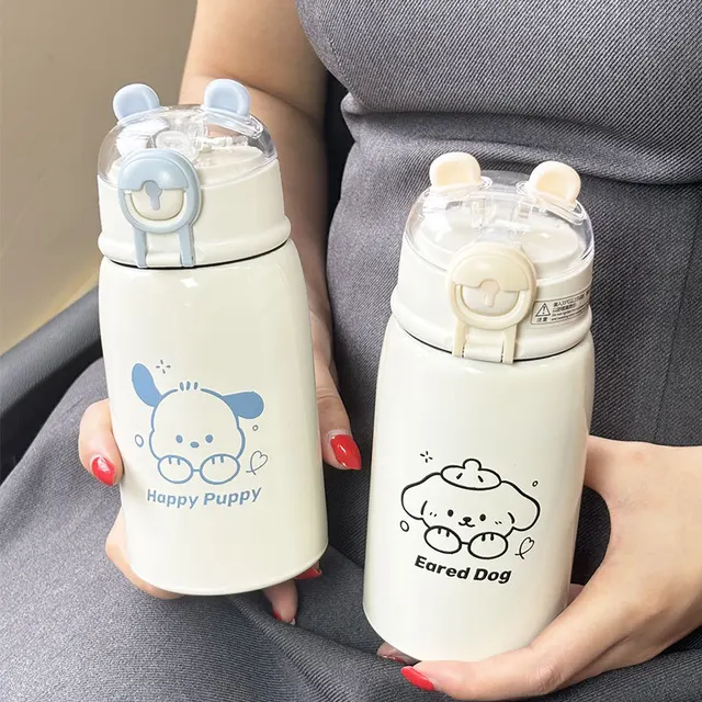 Girl cartoon little silly bear children's straw simple style 316 stainless steel portable thermos cup