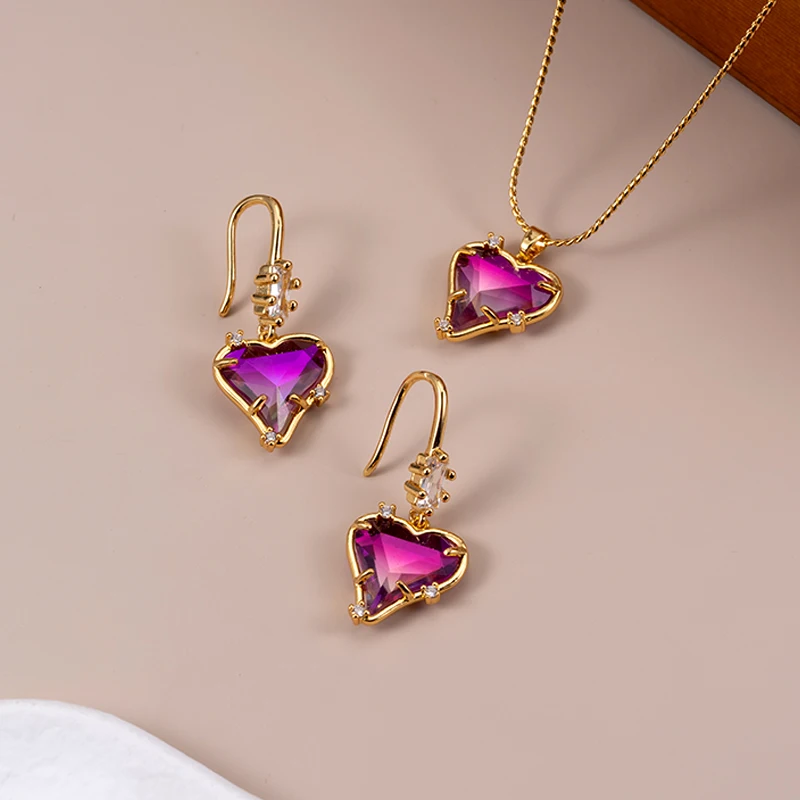 Wholesale Designer Jewelry Gold Plated Purple Pink Gradient Dual Tone Crystal Love Heart Pendant Necklace Earring Set for Women